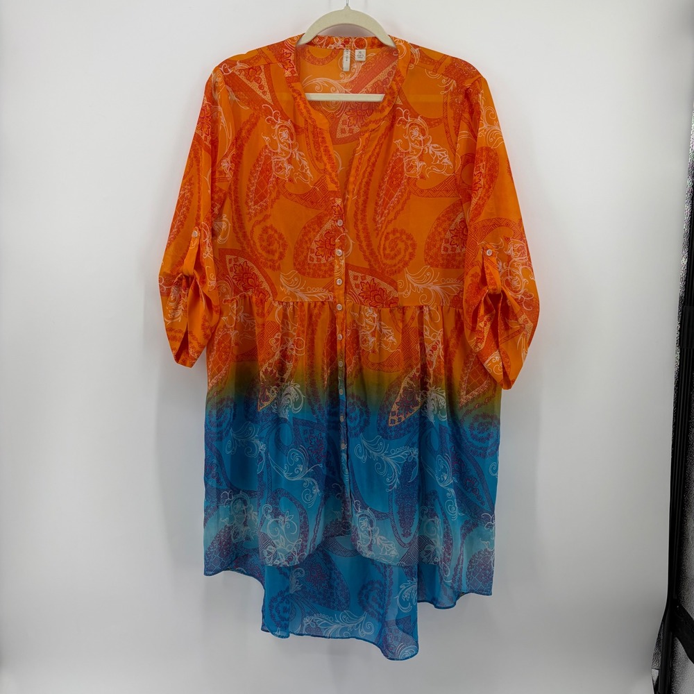 EST. 1946 Womens XL Orange Blue Paisley Tunic Ombre High Low Roll Tab Blouse